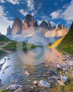 Colorful summer morning in Italy Alps, Tre Cime Di Lavaredo, Dolomites, Europe.