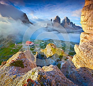 Colorful summer morning in Italy Alps, Tre Cime Di Lavaredo, Dolomites, Europe.