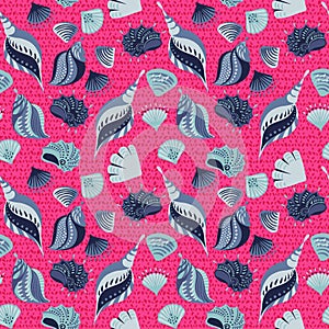 Colorful summer pink seamless pattern with creative shapes blue sea shells. Vector hand drawn. Abstract artistic ocean shell