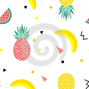 Colorful summer seamless pattern with fruits, banana, watermelon and geometric elements in memphis style background