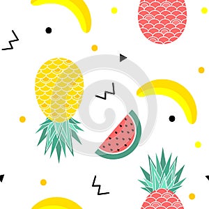 Colorful summer seamless pattern with fruits, banana, watermelon and geometric elements in memphis style background