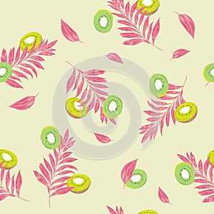 Colorful summer seamless pattern kiwi fruit slices with palm lea