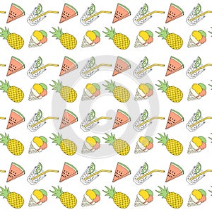 Colorful summer seamless pattern with tropical fruits and ice cream.