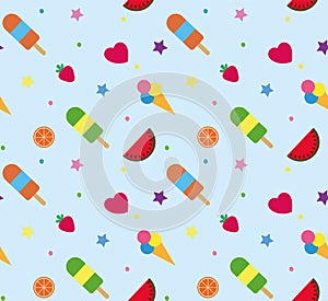 Colorful summer seamless pattern with tropical fruits and ice cream on blue background