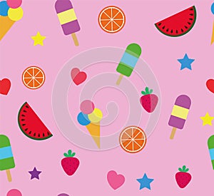 Colorful summer seamless pattern with tropical fruits and ice cream on pink background