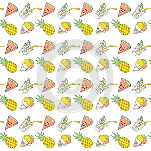 Colorful summer seamless pattern with tropical fruits and ice cream. Vector.