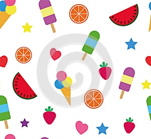 Colorful summer seamless pattern with tropical fruits and ice cream on white background