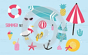 Colorful summer set with hand drawn elements pineapple, ice cream, seagull, surfboard, ball, swimwear, hat, beach