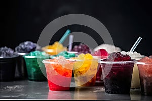 Colorful Frozen Fruit Slush Granita Drinks in Plastic Take-Away Cups with Lids and Drinking Straws