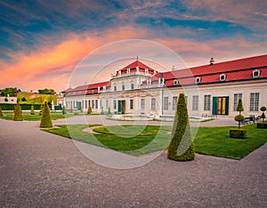 Colorful summer sunrise in Belvedere park, built by Johann Lukas von Hildebrandt for Prince Eugene of Savoy. photo