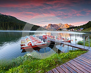 Colorful summer sunrise on the Lake Misurina, in Italy Alps, Tre Cime Di Lavaredo, Dolomites, Europe.