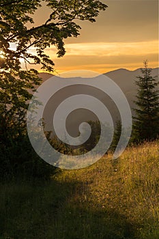 Colorful summer sunset. Carpathians, Ukraine.