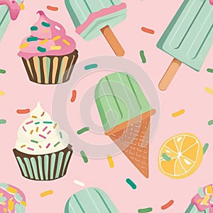 Colorful Summer Treats Pattern with Ice Cream and Cupcakes