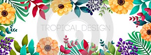 Colorful summer tropical background with exotic palm leaves and flowers. Horizontal banner, cover. Vector floral