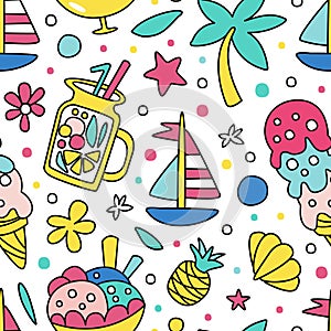 Colorful Summer Vacation Design with Doodle Object Vector Seamless Pattern Template