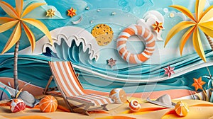 Colorful summer vacation scene with beach and ocean waves