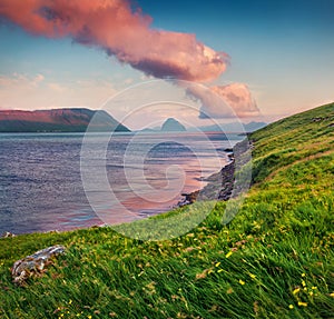 Colorful summer view of Hestur Island. Impressive sunrise on outskirts of Kirkjubour village, Faroe Islands, Kingdom of Denmark, E