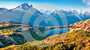 Colorful summer view of the Lac Blanc lake with Mont Blanc Monte Bianco on background, Chamonix location. Beautiful outdoor scen photo