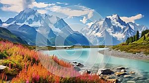 Colorful summer view of the Lac Blanc lake with Mont Blanc (Monte Bianco) on background