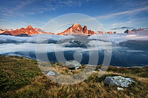 Colorful summer view of the Lac Blanc lake with Mont Blanc Monte Bianco on background, Chamonix location.