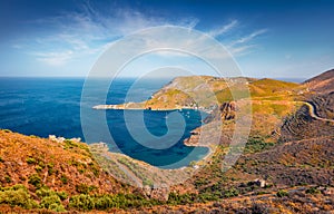 Colorful summer view of Porto Kagio, seaside village in the East Mani.