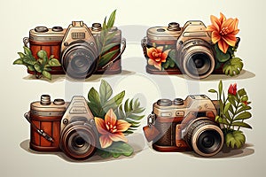 Colorful summer vintage camera icons with flowers, cartoon illustration style on white background