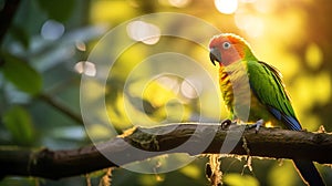 Colorful Sun Conure on Forest Perch