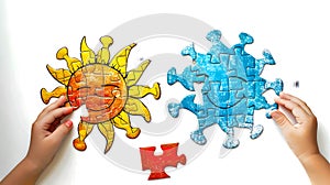 Colorful Sun and Coronavirus Jigsaw Puzzles Solved by Children's Hands. Creative Imagery, Problem Solving