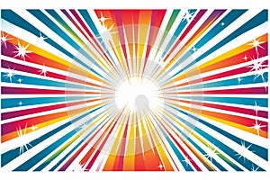 a colorful sunburst background with stars and rays