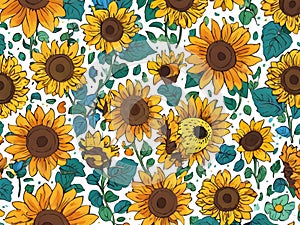 Colorful sunflowers and leaves illustration. Seamless Pattern Background.