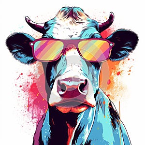 Colorful Sunglasses Cow: A Cool Stock Photo With A Neo-pop Twist