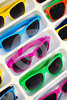 Colorful sunglasses on display