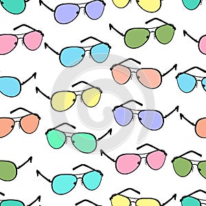 Colorful sunglasses seamless pattern, vector accessory background. Cartoon drawing multicolored bright spectacles on