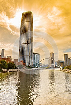 Colorful sunlight behind the World Financial Center in Tianjin