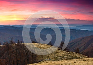 Colorful sunrise in the autumn mountains.