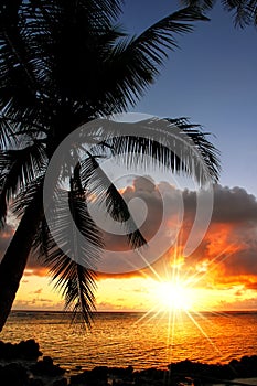 Colorful sunrise on the beach in Lavena village in Taveuni Isla