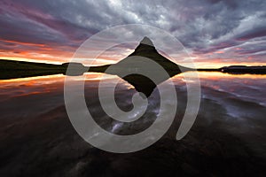 Colorful sunrise on Kirkjufellsfoss waterfall