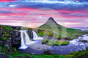 Colorful sunrise on Kirkjufellsfoss waterfall