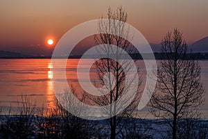 Sunrise and reflection on lake