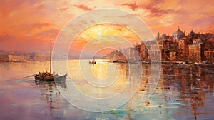 Colorful Sunrise Port: Romantic Landscape Oil Painting photo