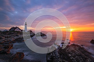 Colorful sunrise at Portland Head Lighthouse