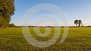 Colorful sunrise or sunset sky over a farmfield shot from high up