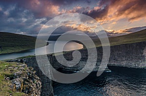 Colorful sunrise at Traelanipa viewpoint, Sorvagsvatn lake (Leitisvatn), Vagar, Faroe Islands