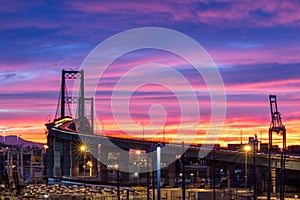 Colorful sunrise at the Vincent Thomas Bridge in San Pedro, California