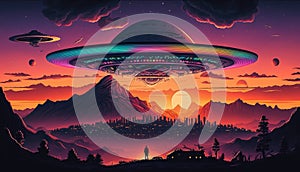 Colorful Sunset and Alien Spaceship arrives. Sci-fi movie illustration. AI Generated