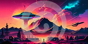 Colorful Sunset and Alien Spaceship arrives. Sci-fi movie illustration. AI Generated