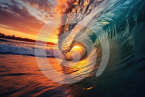 Colorful Sunset Barrel Wave for Surfing