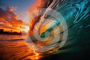 Colorful Sunset Barrel Wave for Surfing