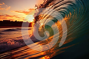 Colorful Sunset Barrel Wave for Surfing