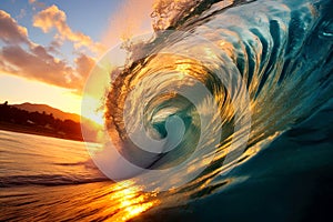 Colorful Sunset Barrel Wave for Surfing